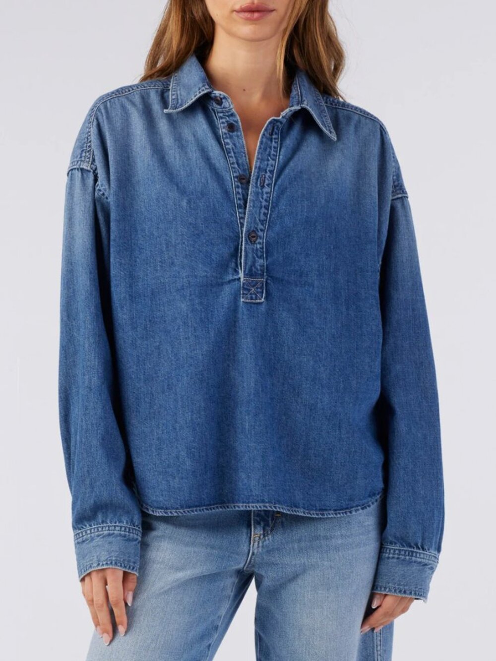 AMO Denim Western Shirt Long Sleeve Collared Jean Top Womens Cotton USA Size XS